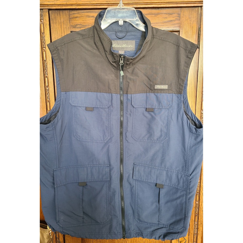 Eddie Bauer Mens XL Blue Charcoal Utility Fishing Cargo Vest D1851499